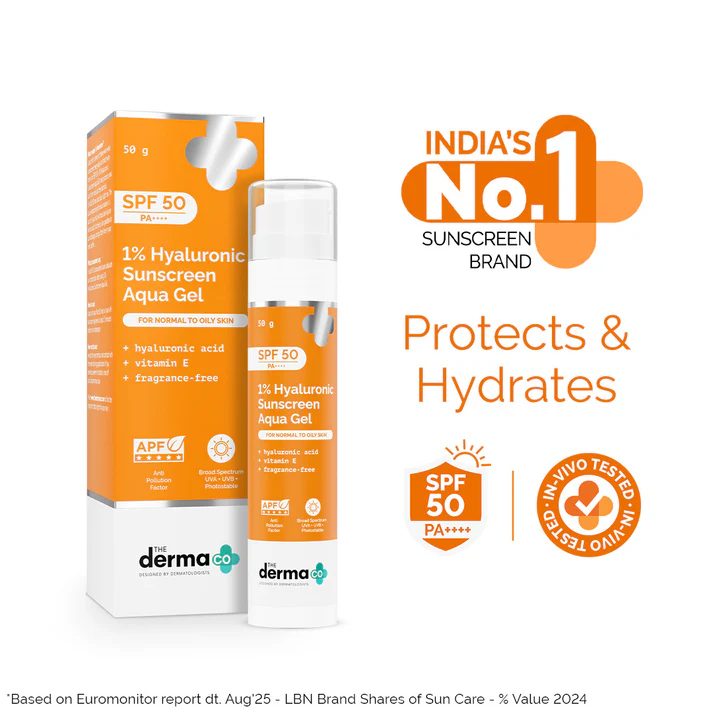 1% Hyaluronic Sunscreen Aqua Gel In Vivo Tested (ISO 24444:2019 Certified, CTRI/2025/02/080287) with SPF 50 & PA++++ - 50g